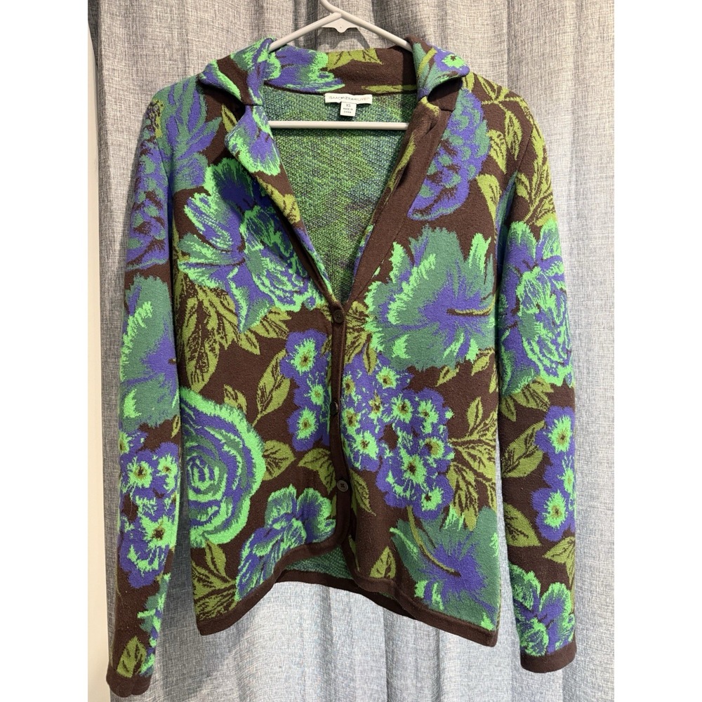 Isaac Mizrahi Live Sweater Womens XS Retro Blue/Brown Floral Cardigan Button‎ Up